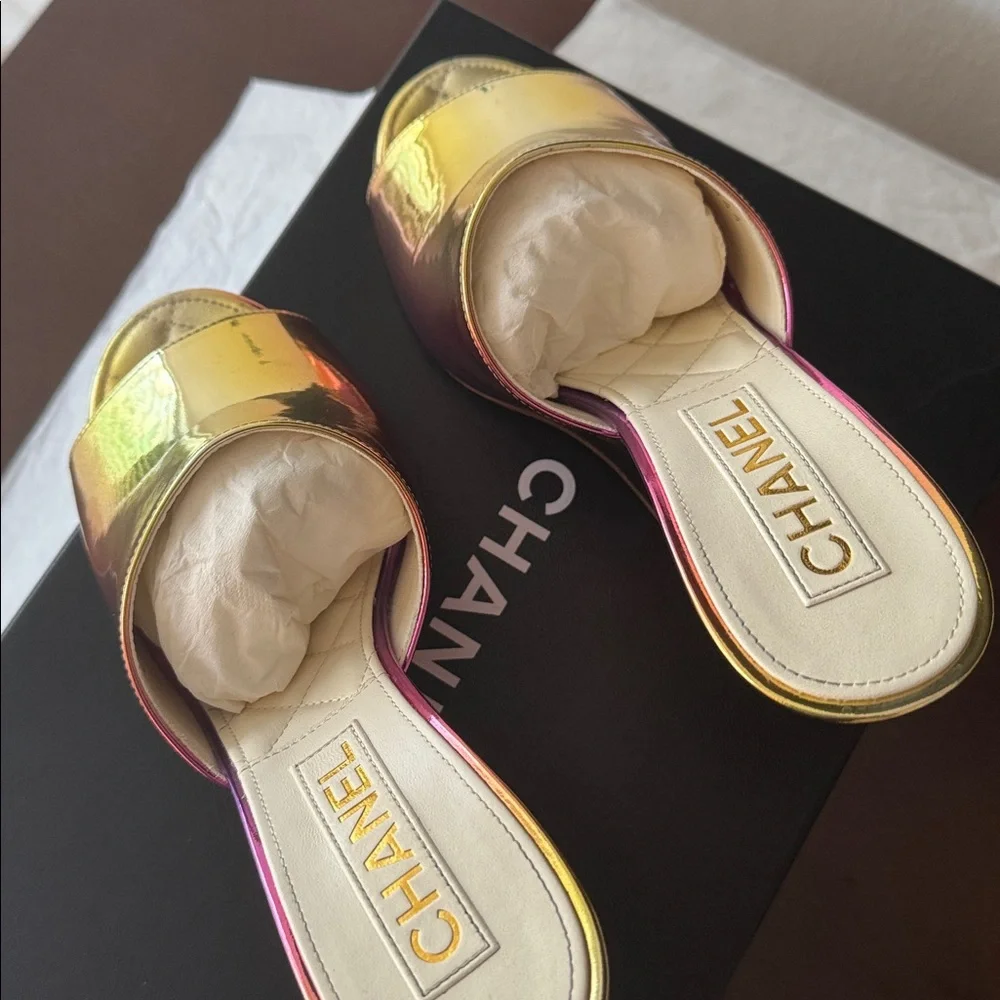 CHANEL Laminated Calfskin Wedge Mules 37.5 Pink Orange Yellow Multicolor CC logo